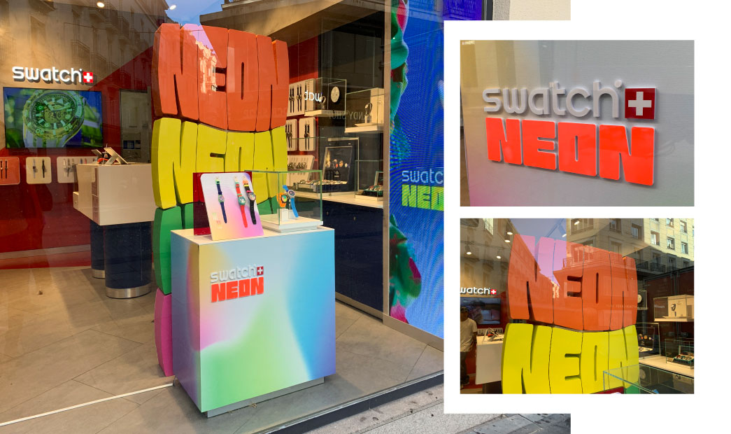 For Swatch's Neon watch collection, the main color of the 2025 campaign is a powerful orange, linked to the logo and the entire graphic universe. 2